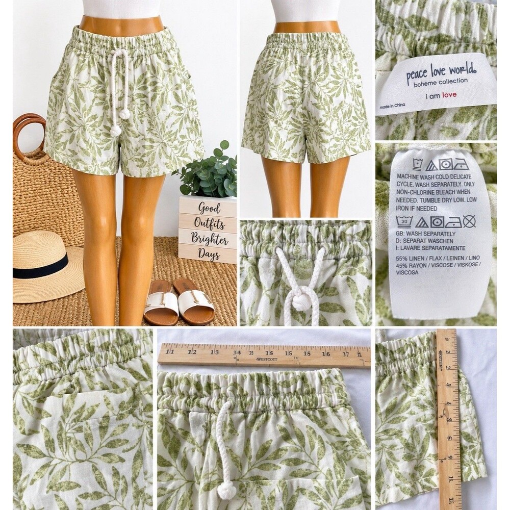 Peace Love World Women's Boheme Pull-On Linen blend Shorts Green White Resort